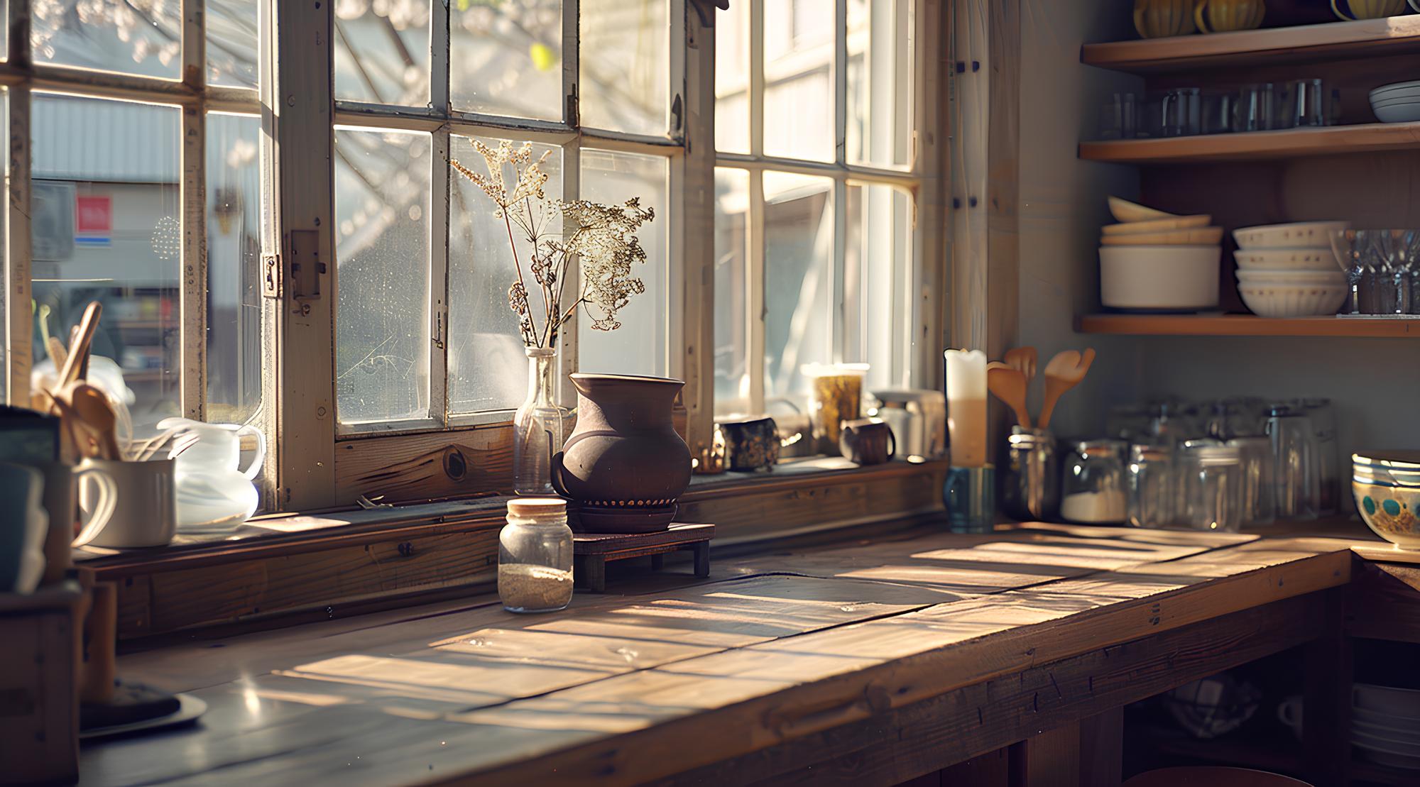 small workshop kitchen with wooden table