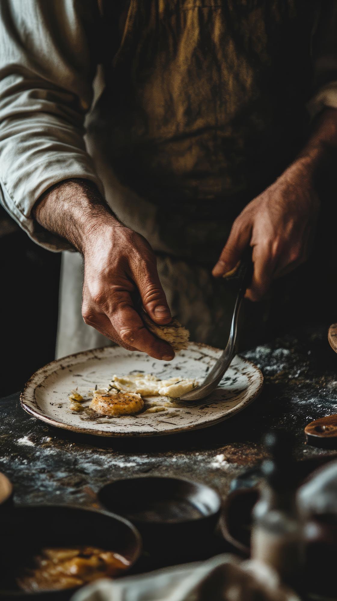 chef arranging dish on wooden table