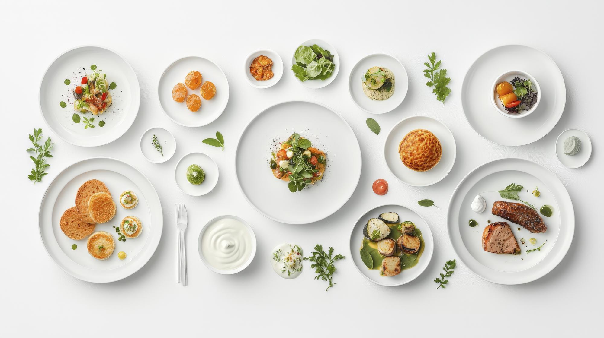 selection of plated dishes on wooden table